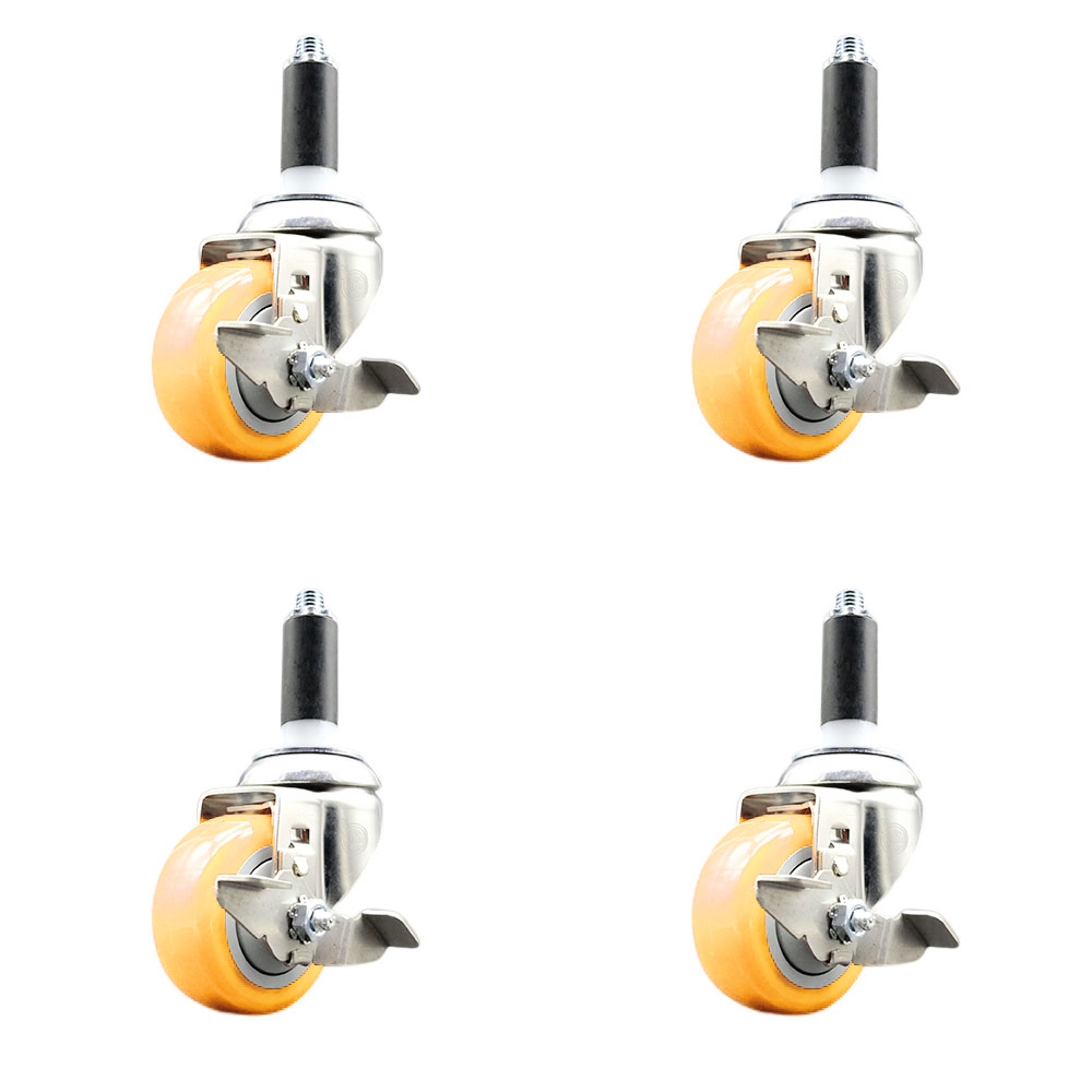 Polyurethane Swivel Stem Caster with 3 in. Yellow Caster Wheels, 1.13 in. Expanding Stems - 316 Stainless Steel Casters - Set of 4