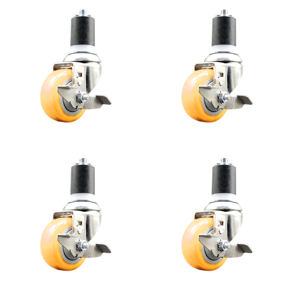 Polyurethane Swivel Stem Caster with 3 in. Yellow Caster Wheels, 1.75 in. Expanding Stems - 316 Stainless Steel Casters - Set of 4