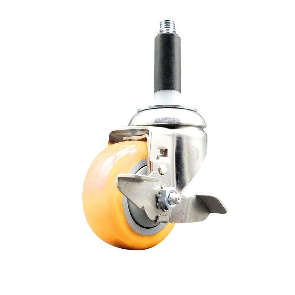 Polyurethane Swivel Stem Caster with 3 in. Yellow Caster Wheels & Top Lock Brake, 0.87 in. Expanding Stem - 316 Stainless Steel Caster