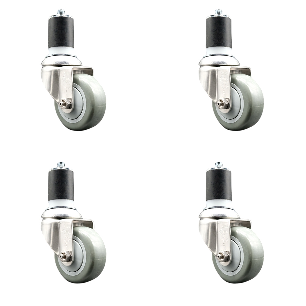 Polyurethane Swivel Stem Caster with 3.5 in. Orange Caster Wheels, 1.87 in. Expanding Stems - 316 Stainless Steel Casters - Set of 4