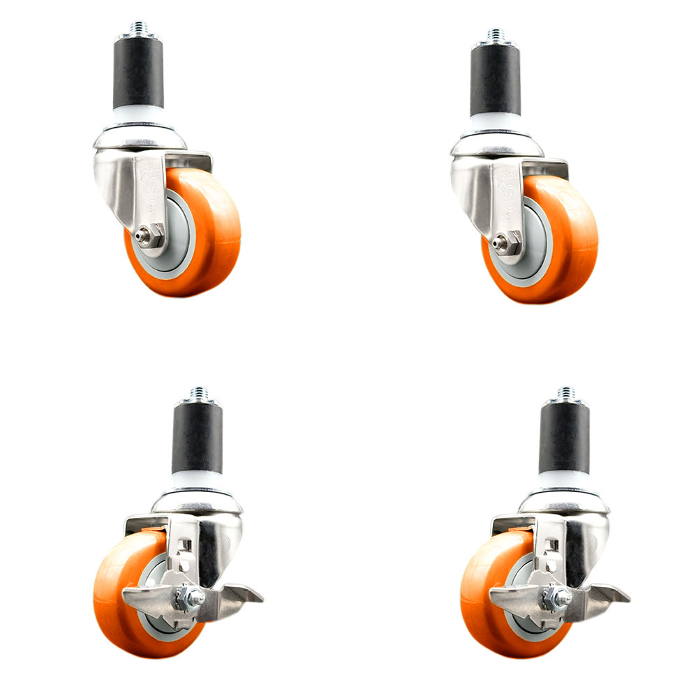 Polyurethane Swivel Stem Caster with 3.5 in. Orange Caster Wheels, 1.5 in. Expanding Stem - 316 Stainless Steel Casters - Set of 4