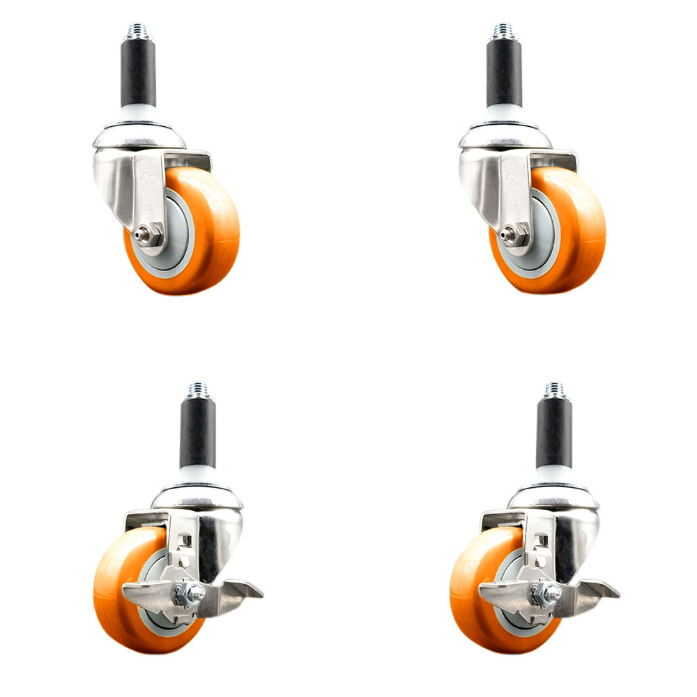 Polyurethane Swivel Stem Caster with 3.5 in. Orange Caster Wheels, 1.13 in. Expanding Stem - 316 Stainless Steel Casters - Set of 4