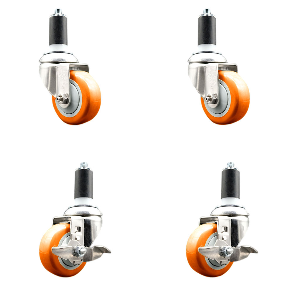 Polyurethane Swivel Stem Caster with 3.5 in. Orange Caster Wheels, 1.38 in. Expanding Stem - 316 Stainless Steel Casters - Set of 4