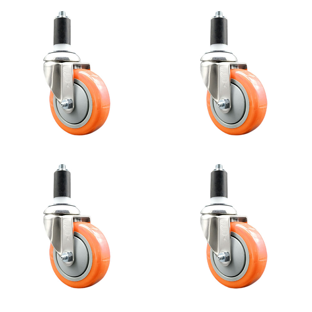 Polyurethane Swivel Stem Caster with 4 in. Orange Caster Wheels, 1.38 in. Expanding Stems - 316 Stainless Steel Casters - Set of 4