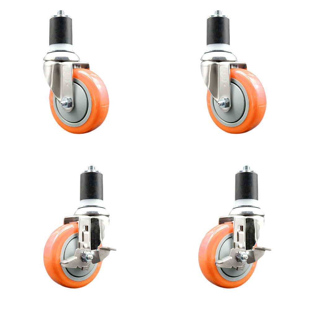 Polyurethane Swivel Stem Caster with 4 in. Orange Caster Wheels, 1.75 in. Expanding Stems - 316 Stainless Steel Casters - Set of 4
