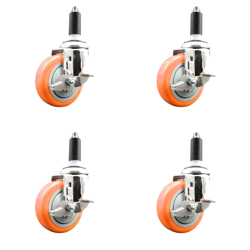 Polyurethane Swivel Stem Caster with 4 in. Orange Caster Wheels, 1.13 in. Expanding Stems - 316 Stainless Steel Casters - Set of 4