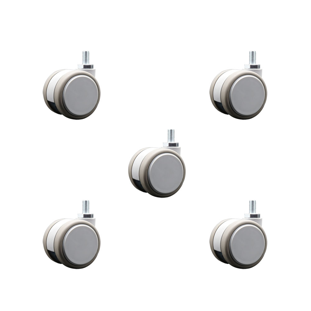 2 in. MRI Safe Swivel Casters Quiet Non-Marking Gray Thermoplastic Rubber Twin Wheels 0.38 in. 16 TPI x 0.75 in. Threaded Stems - Set of 5