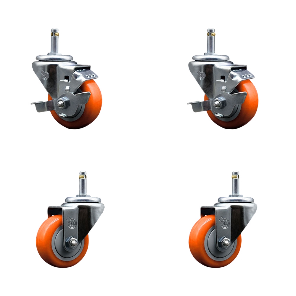 GR20S314-PPUB-ORG-TLB-716138-2-S-2 Polyurethane Swivel Grip Ring Stem Caster with 3 x 1.25 in. Orange Wheels & 0.43 in. Stems - Set of 4