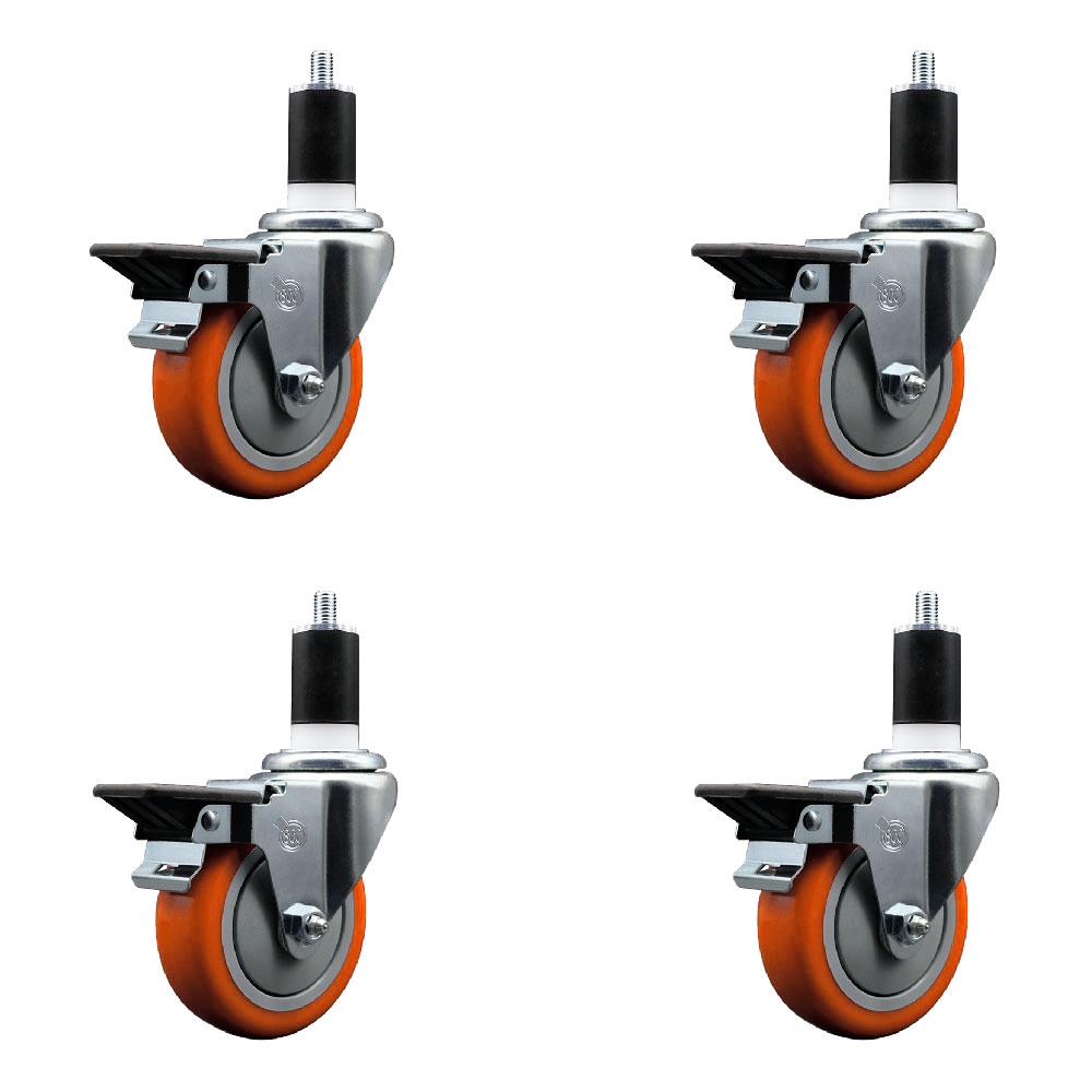 SCC-EX20S414-PPUB-ORG-PLB-112-4 Polyurethane Swivel Expanding Stem Caster with 4 in. Orange Wheels & 1.5 in. Stems - Set of 4