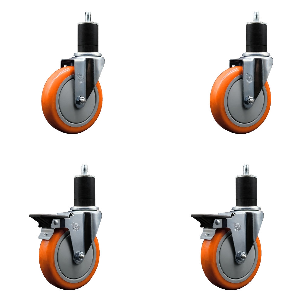 SCC-EX20S514-PPUB-ORG-2-PLB-2-134 Polyurethane Swivel Expanding Stem Caster with 5 in. Orange Wheels & 1.75 in. Stems - Set of 4