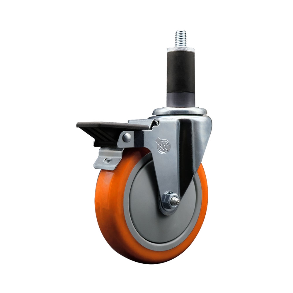 SCC-EX20S514-PPUB-ORG-PLB-114 Polyurethane Expanding Stem Swivel Caster with 5 in. Orange Wheel & 1.25 in. Stem & Posi Locking Brake
