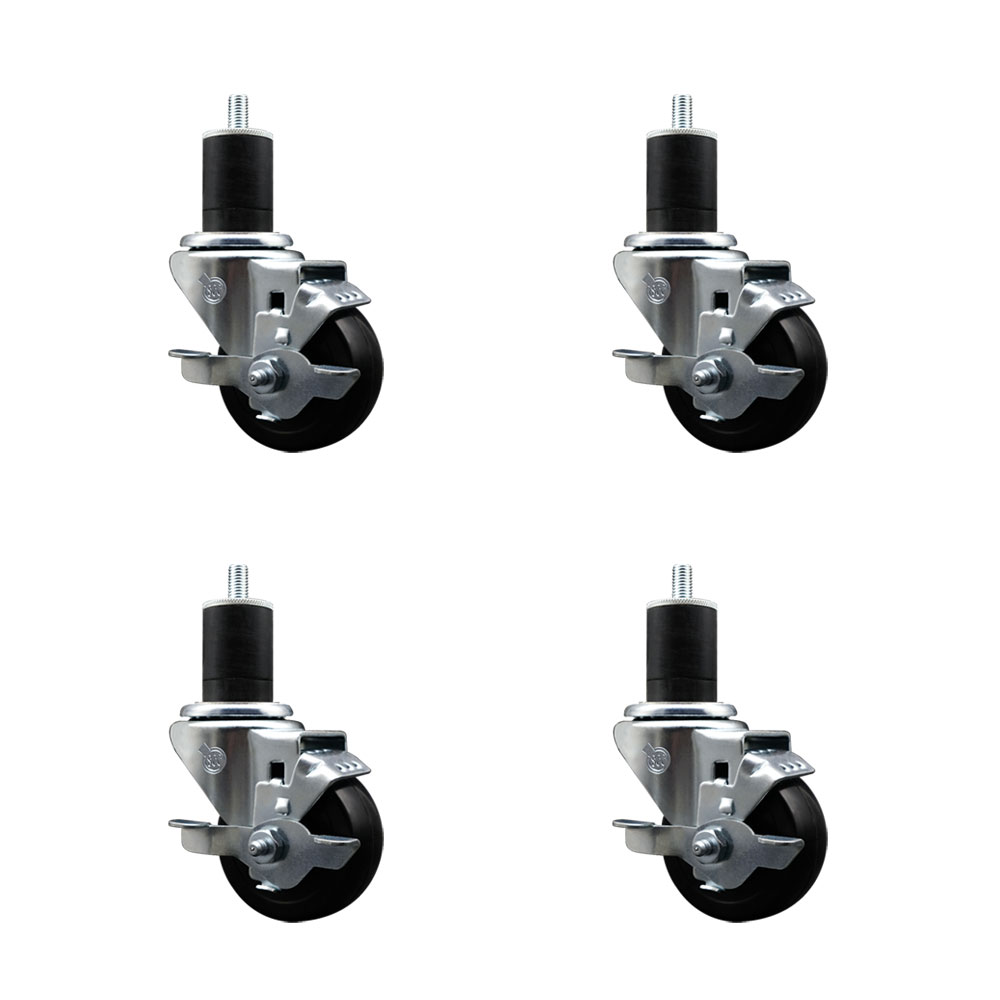 SCC-SSEX20S314-HRS-TLB-134-4 Stainless Steel Hard Rubber Swivel Expanding Stem Caster with 3 x 1.25 in. Black Wheels & 1.75 in. Stems - Set of 4