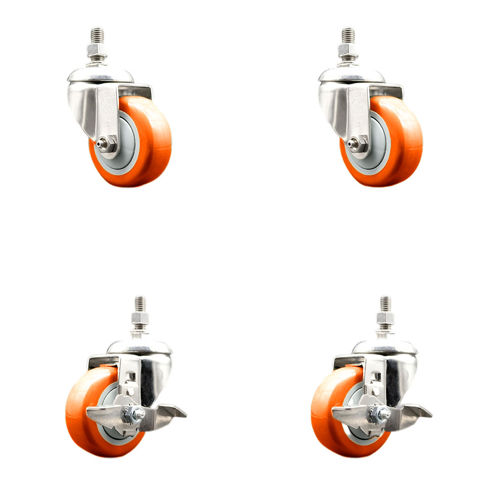 Poly Swivel Stem Caster with 3.5 in. Orange Caster Wheels, 12 mm Threaded Stems - 316 Stainless Steel Caster - Set of 4