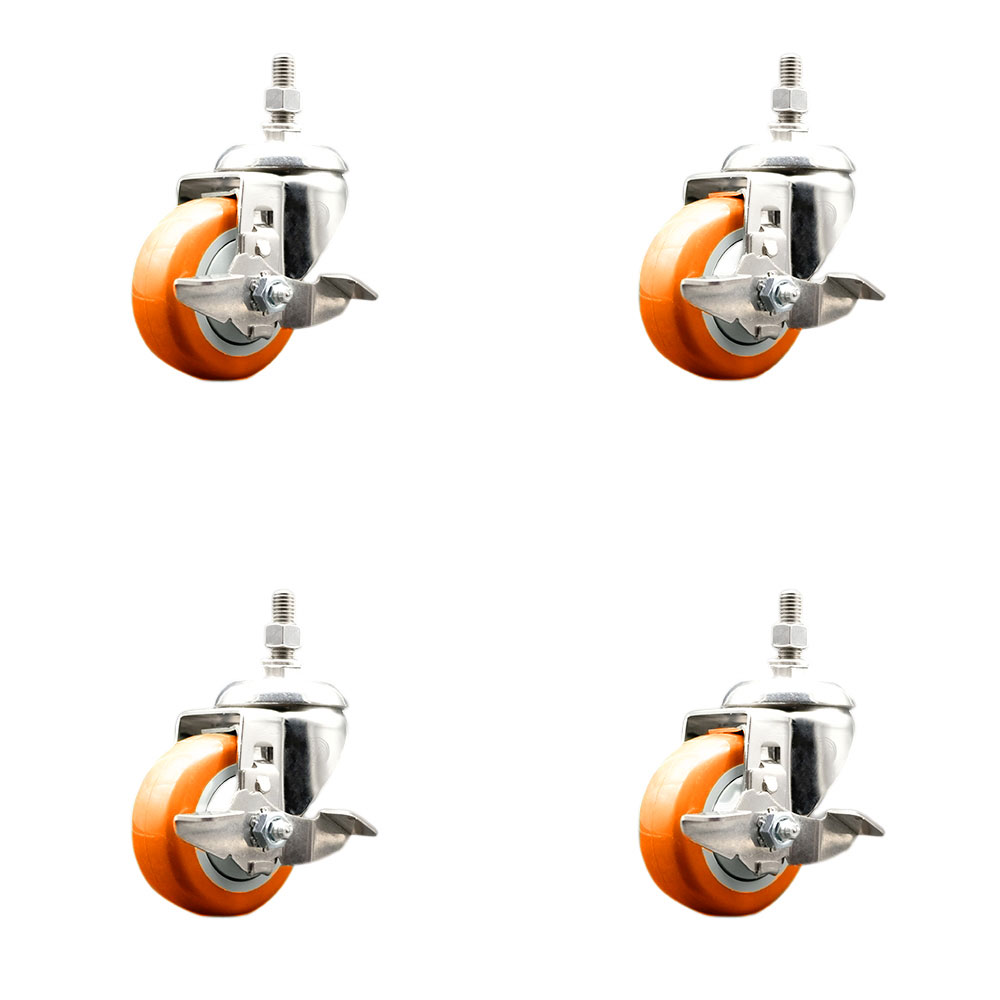 Polyurethane Swivel Stem Caster with 3.5 in. Orange Caster Wheels, 10 mm Threaded Stems - 316 Stainless Steel Casters - Set of 4