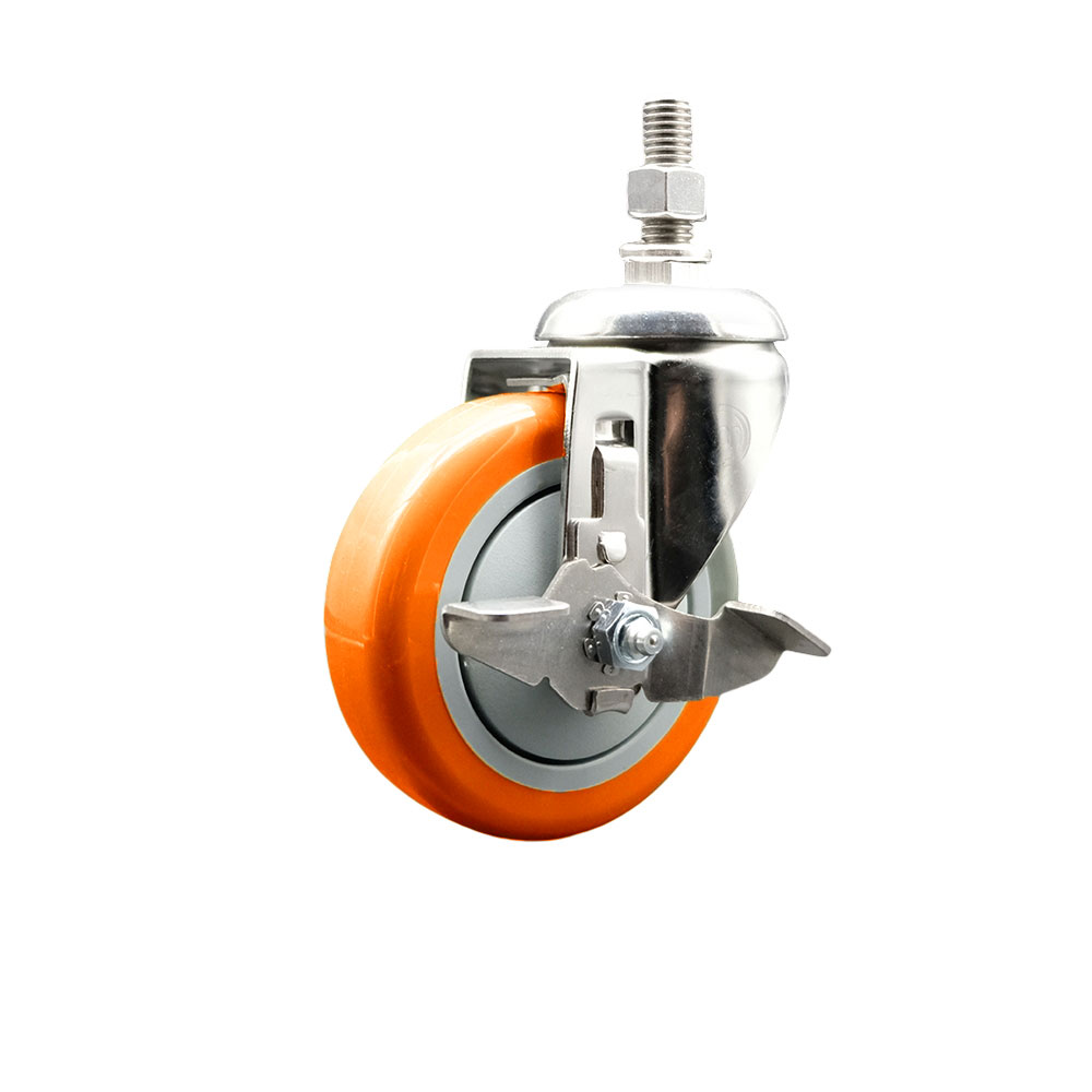 Polyurethane Swivel Stem Caster with 4 in. Orange Caster Wheels & Top Lock Brake, 10 mm Threaded Stem - 316 Stainless Steel Caster