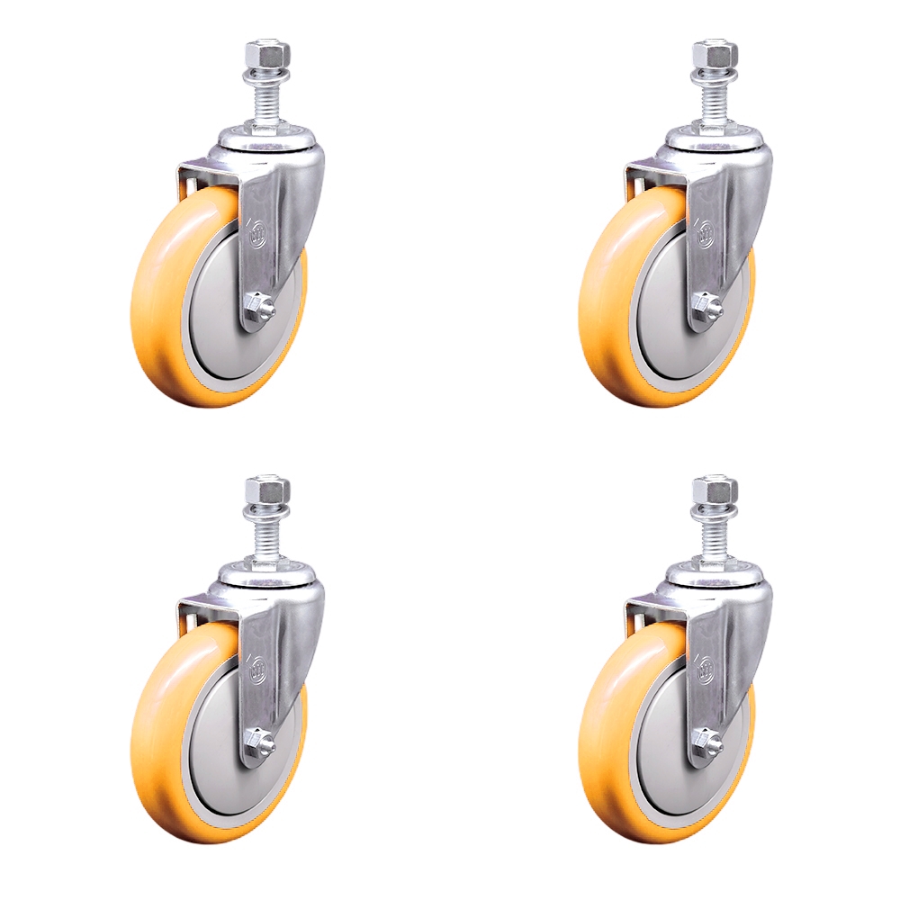 Polyurethane Swivel Stem Caster with 5 in. Yellow Caster Wheels, 12 mm Threaded Stems - 316 Stainless Steel Casters - Set of 4