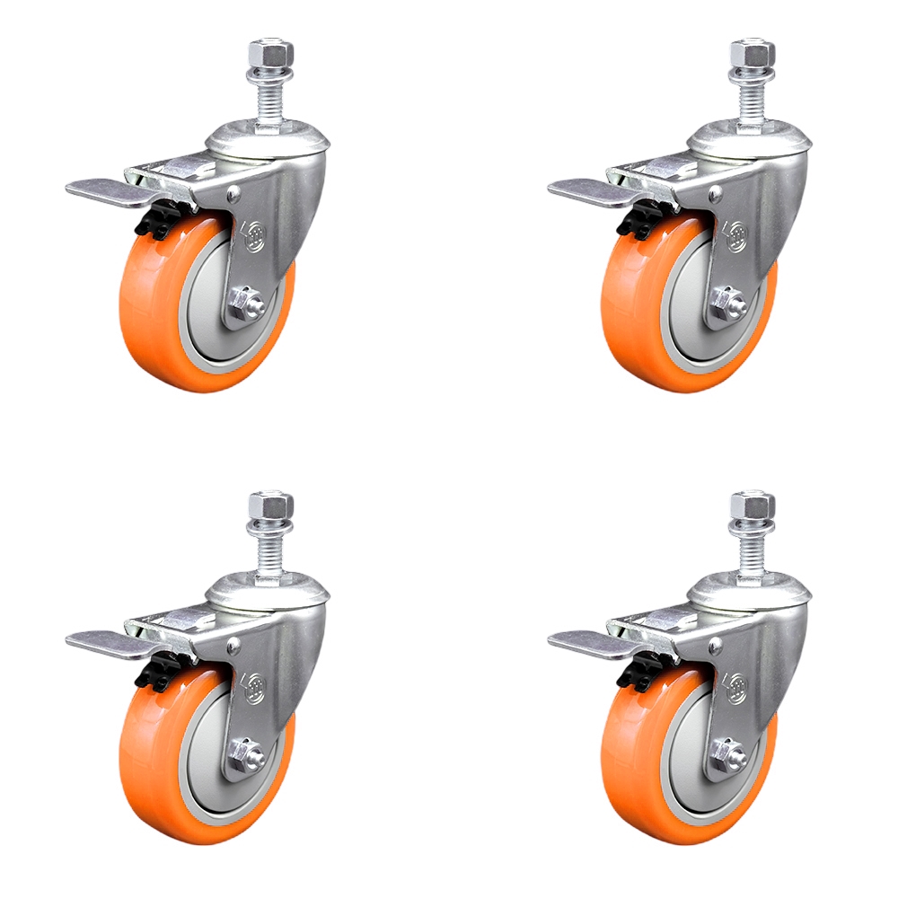 Polyurethane Swivel Stem Caster with 4 in. Orange Caster Wheels, 0.5 in. Threaded Stems - 316 Stainless Steel Casters - Set of 4