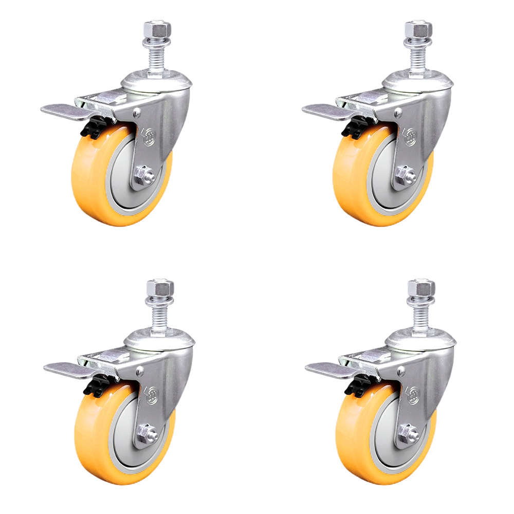 Polyurethane Swivel Stem Caster with 4 in. Yellow Caster Wheels, 12 mm Threaded Stems - 316 Stainless Steel Casters - Set of 4
