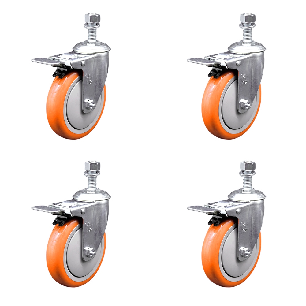Polyurethane Swivel Stem Caster with 5 in. Orange Caster Wheels, 0.5 in. Threaded Stems - 316 Stainless Steel Casters - Set of 4