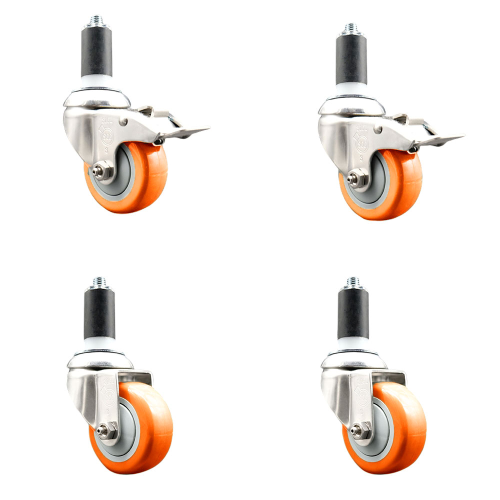 Polyurethane Swivel Stem Caster with 3 in. Orange Caster Wheels, 1.38 in. Expanding Stem - 316 Stainless Steel Casters - Set of 4