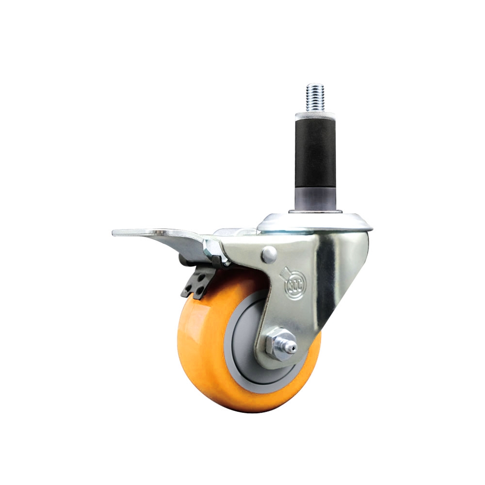 Polyurethane Swivel Stem Caster with 3 in. Yellow Caster Wheels & Total Lock Brake, 1.13 in. Expanding Stem - 316 Stainless Steel Caster