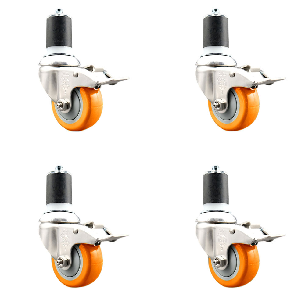 Polyurethane Swivel Stem Caster with 3.5 in. Orange Caster Wheels, 1.75 in. Expanding Stems - 316 Stainless Steel Casters - Set of 4