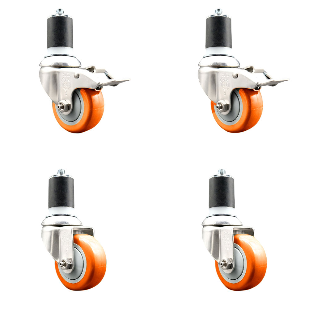 Polyurethane Swivel Stem Caster with 3.5 in. Orange Caster Wheels, 1.75 in. Expanding Stem - 316 Stainless Steel Casters - Set of 4