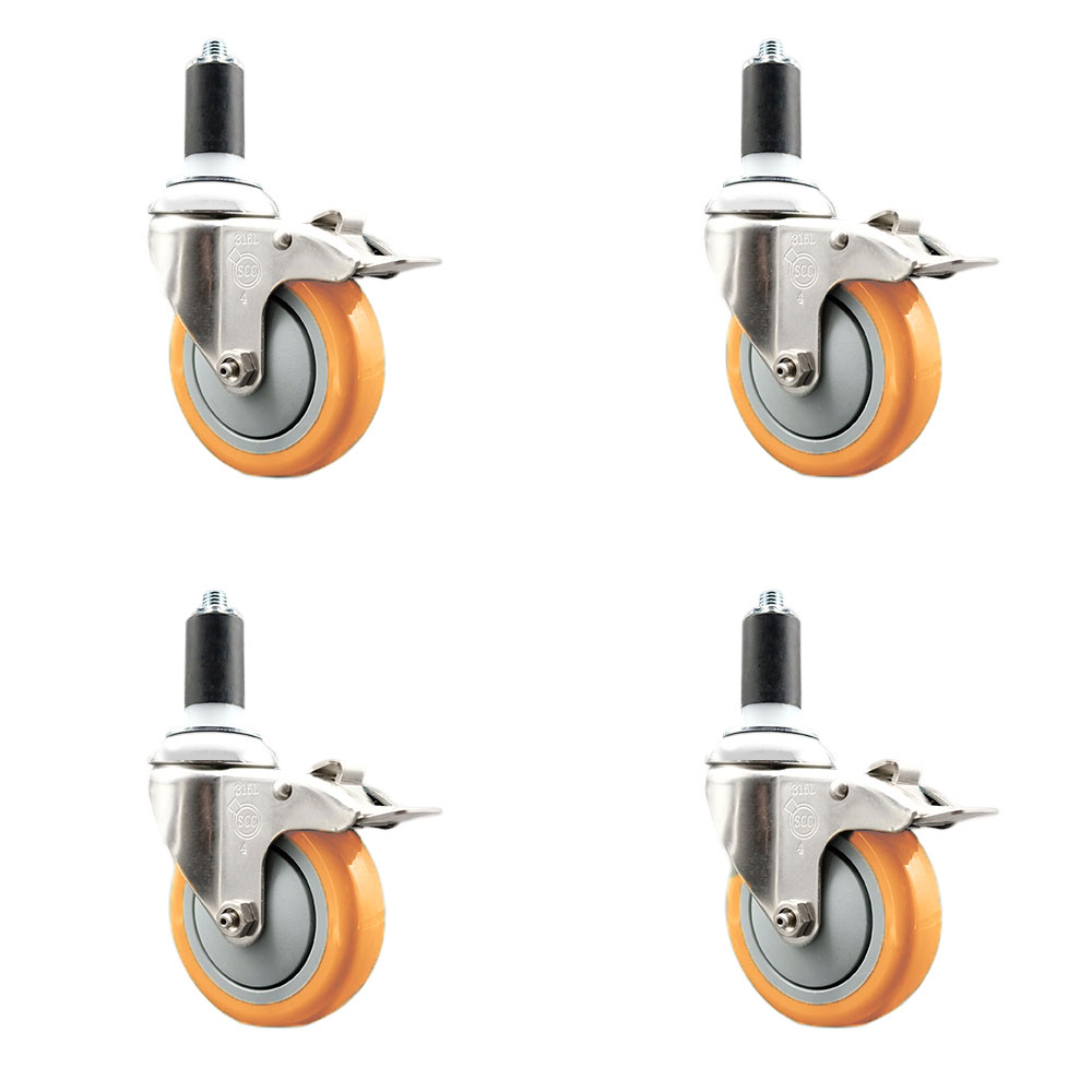 Polyurethane Swivel Stem Caster with 4 in. Orange Caster Wheels, 1.25 in. Expanding Stems - 316 Stainless Steel Casters - Set of 4