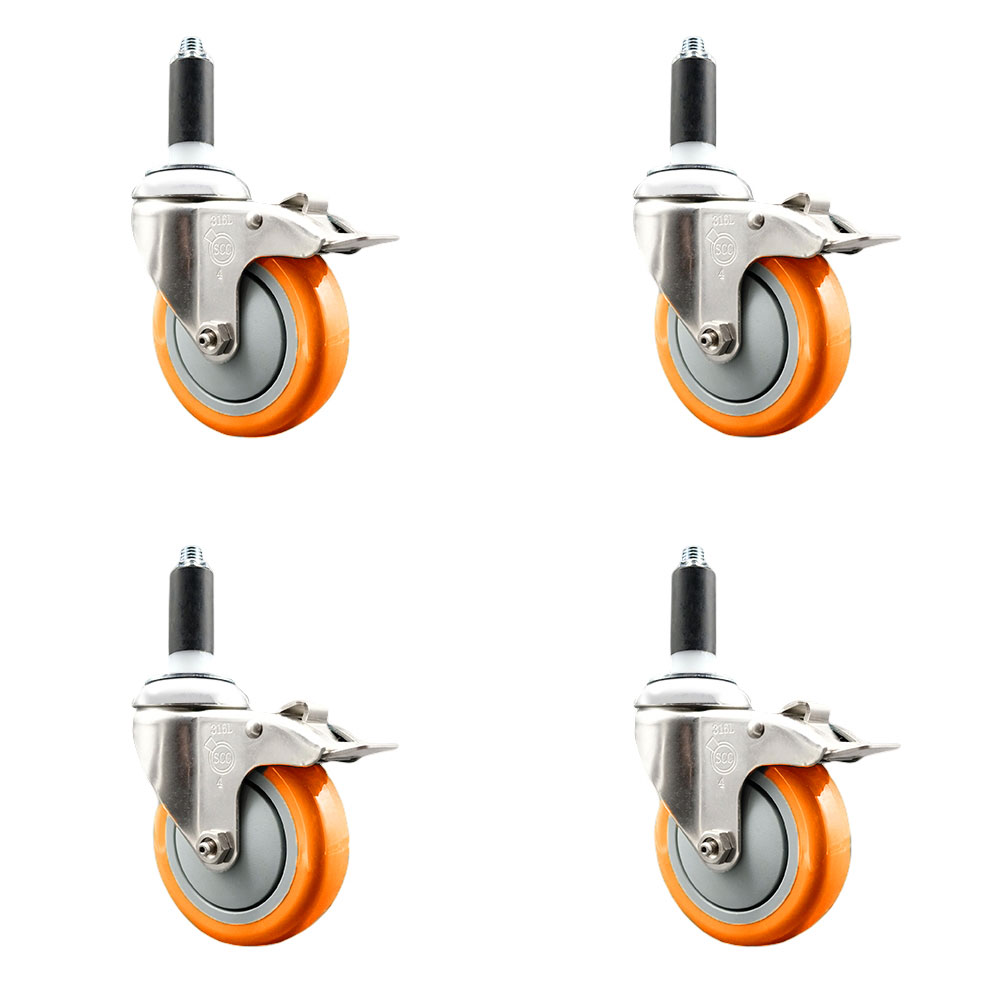 Polyurethane Swivel Stem Caster with 4 in. Orange Caster Wheels, 1.13 in. Expanding Stems - 316 Stainless Steel Casters - Set of 4