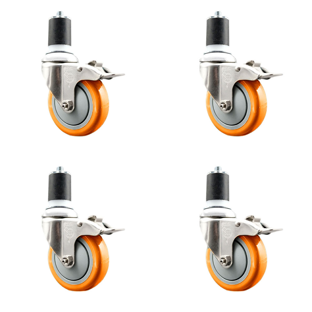 Polyurethane Swivel Stem Caster with 4 in. Orange Caster Wheels, 1.75 in. Expanding Stems - 316 Stainless Steel Casters - Set of 4