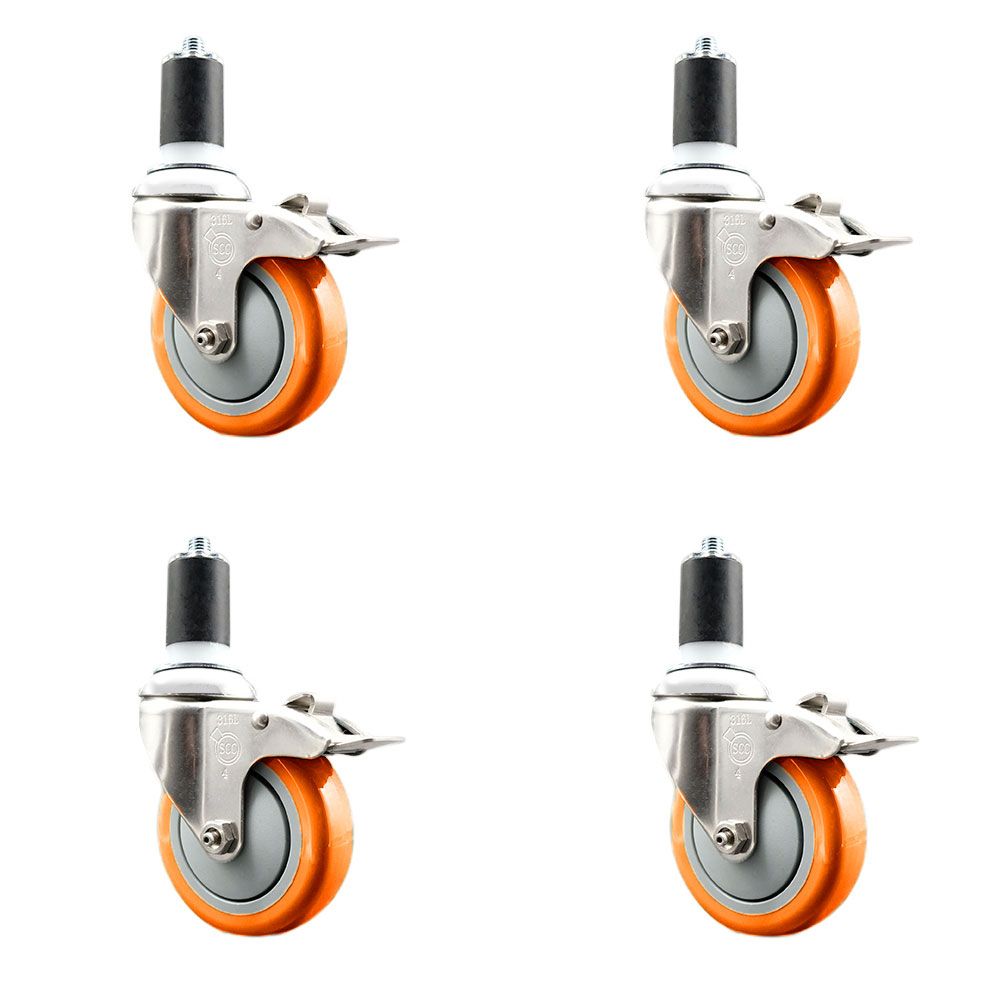 Polyurethane Swivel Stem Caster with 4 in. Orange Caster Wheels, 1.63 in. Expanding Stems - 316 Stainless Steel Casters - Set of 4