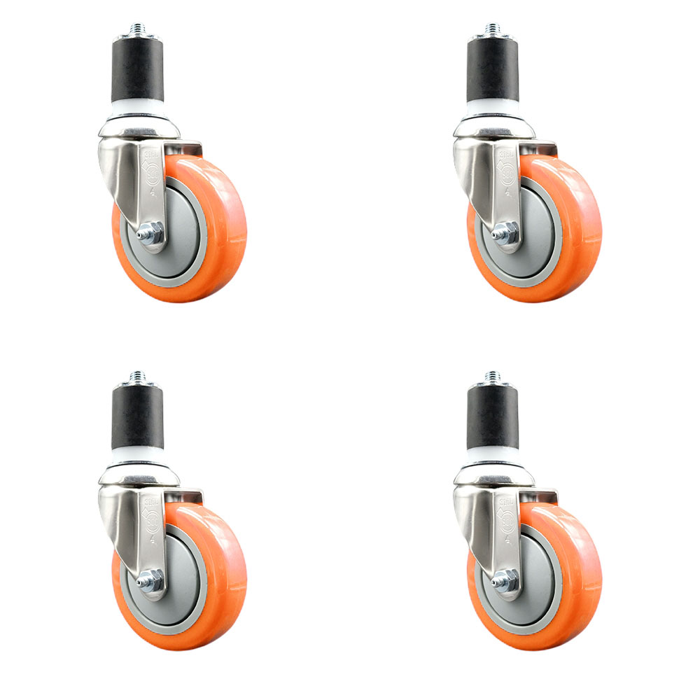 Polyurethane Swivel Stem Caster with 4 in. Orange Caster Wheels, 1.87 in. Expanding Stems - 316 Stainless Steel Casters - Set of 4