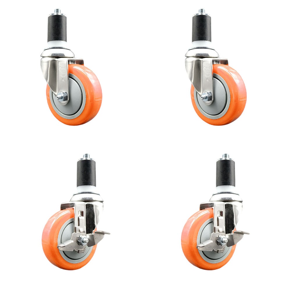 Polyurethane Swivel Stem Caster with 4 in. Orange Caster Wheels, 1.5 in. Expanding Stems - 316 Stainless Steel Casters - Set of 4