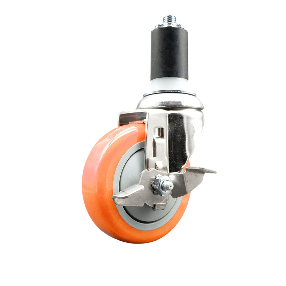 Polyurethane Swivel Stem Caster with 4 in. Orange Caster Wheels & Top Lock Brake, 1.5 in. Expanding Stem - 316 Stainless Steel Caster
