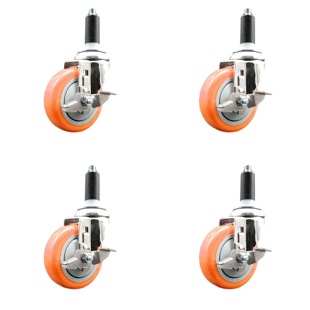 Polyurethane Swivel Stem Caster with 4 in. Orange Caster Wheels, 1 in. Expanding Stems - 316 Stainless Steel Casters - Set of 4