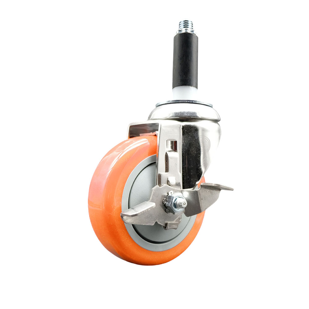 Polyurethane Swivel Stem Caster with 4 in. Orange Caster Wheels & Top Lock Brake, 0.75 in. Expanding Stem - 316 Stainless Steel Caster