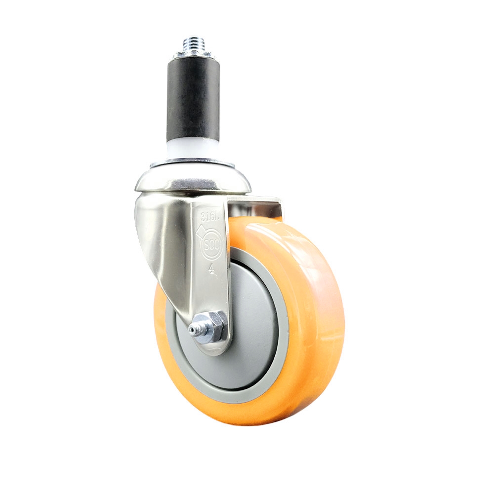 Polyurethane Swivel Stem Caster with 4 in. Yellow Caster Wheels, 1.25 in. Expanding Stem - 316 Stainless Steel Caster