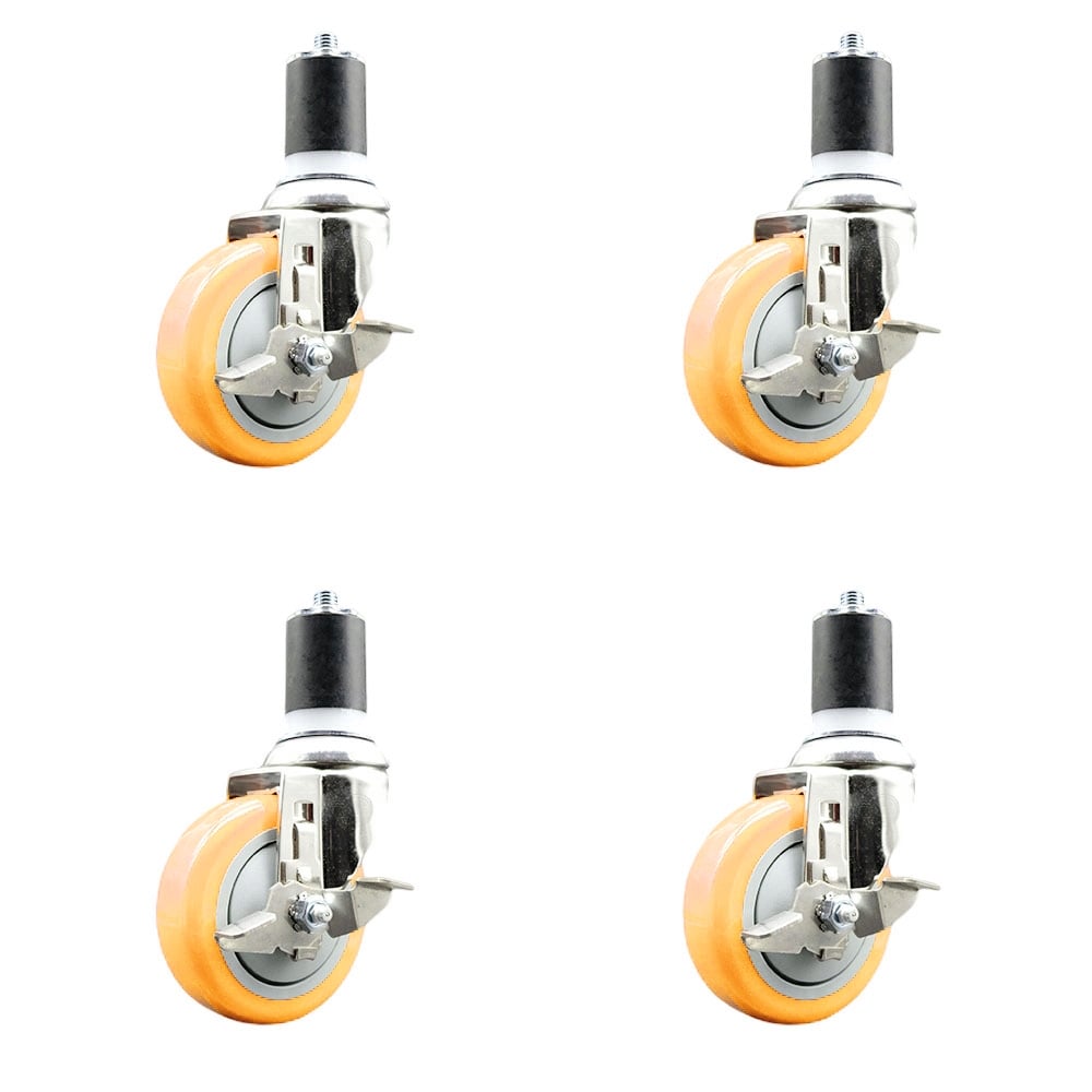 Polyurethane Swivel Stem Caster with 4 in. Yellow Caster Wheels, 1.87 in. Expanding Stems - 316 Stainless Steel Casters - Set of 4
