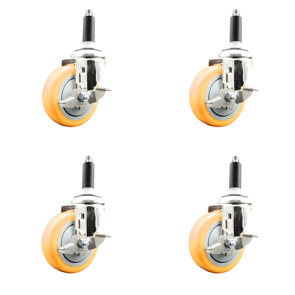 Polyurethane Swivel Stem Caster with 4 in. Yellow Caster Wheels, 0.75 in. Expanding Stems - 316 Stainless Steel Casters - Set of 4