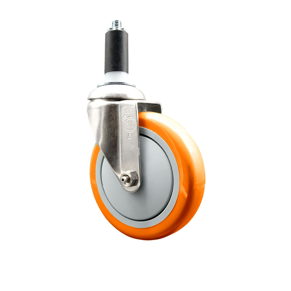 Polyurethane Swivel Stem Caster with 5 in. Orange Caster Wheels, 1.25 in. Expanding Stem - 316 Stainless Steel Caster