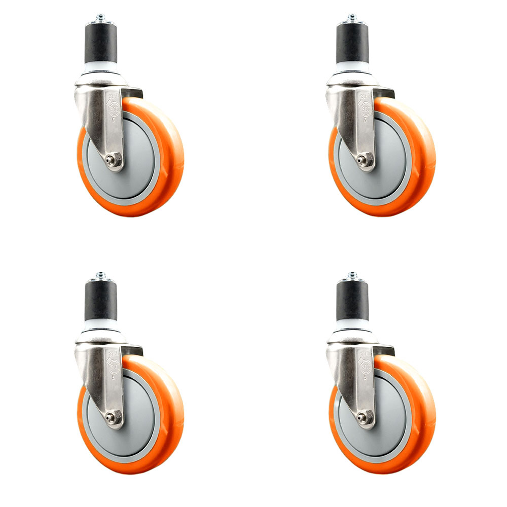 Polyurethane Swivel Stem Caster with 5 in. Orange Caster Wheels, 1.75 in. Expanding Stems - 316 Stainless Steel Casters - Set of 4