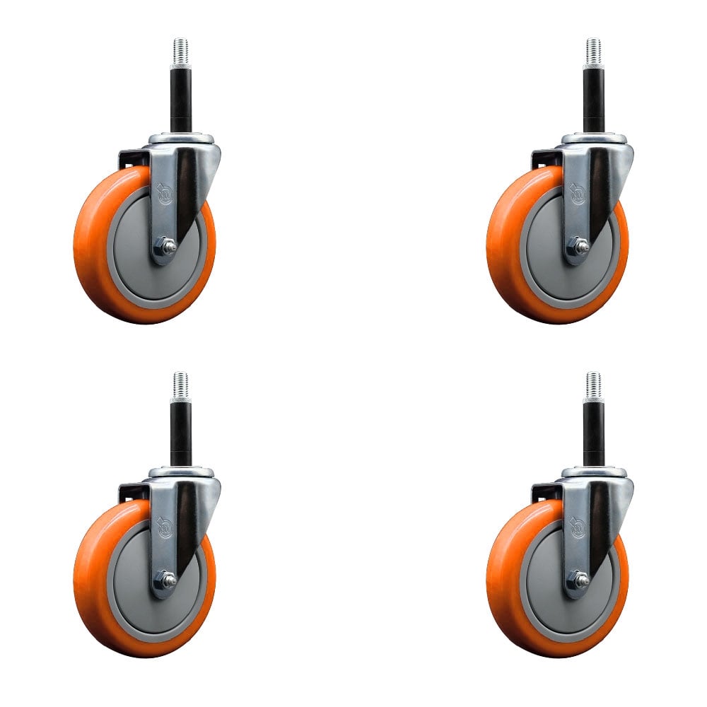 Polyurethane Swivel Stem Caster with 5 in. Orange Caster Wheels, 0.75 in. Expanding Stems - 316 Stainless Steel Casters - Set of 4