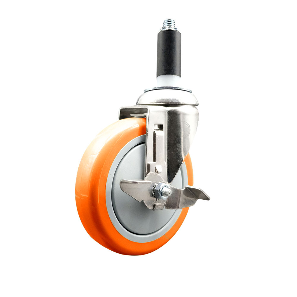 Polyurethane Swivel Stem Caster with 5 in. Orange Caster Wheels & Top Lock Brake, 1 in. Expanding Stem - 316 Stainless Steel Caster