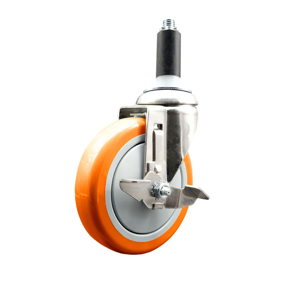 Polyurethane Swivel Stem Caster with 5 in. Orange Caster Wheels & Top Lock Brake, 1.13 in. Expanding Stem - 316 Stainless Steel Caster