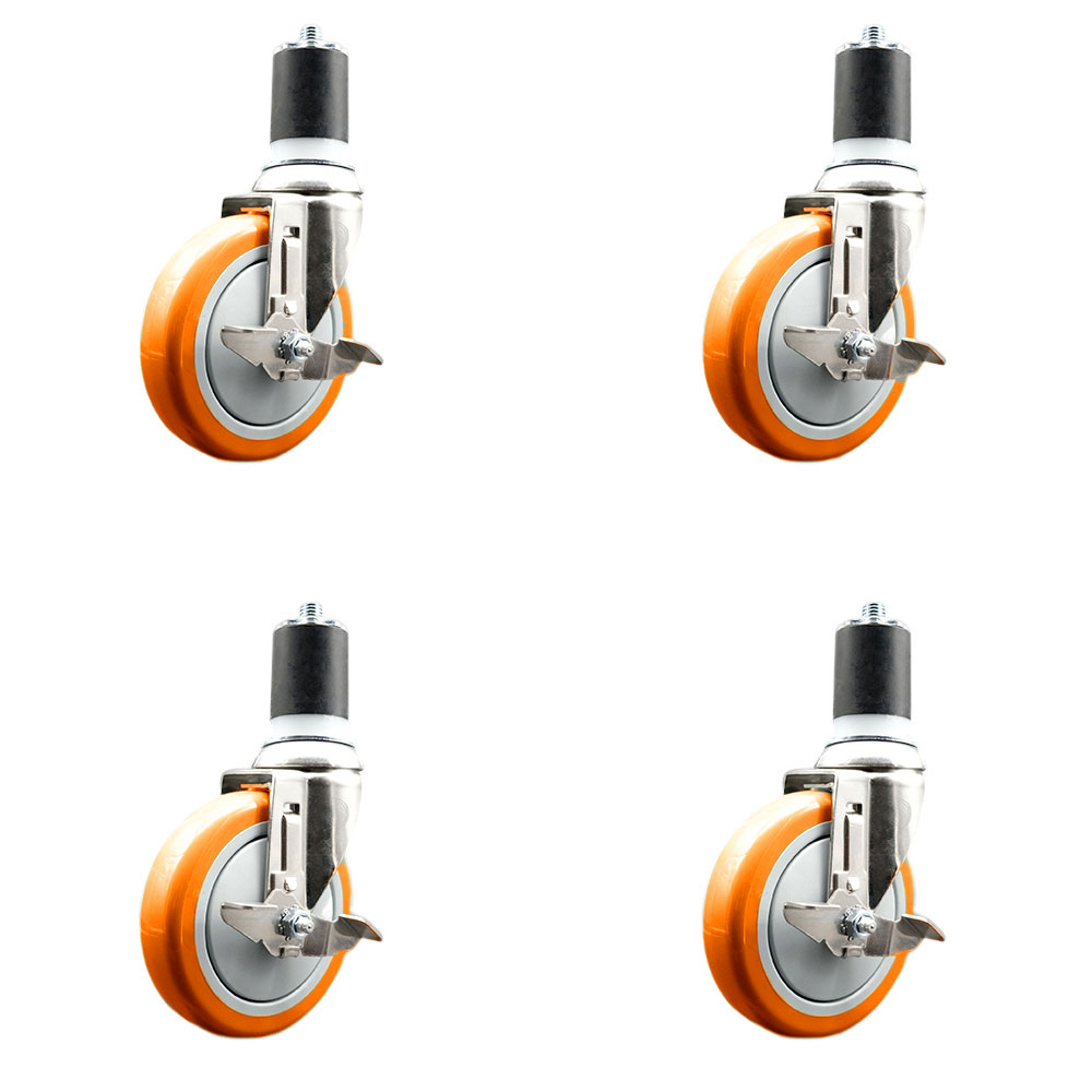 Polyurethane Swivel Stem Caster with 5 in. Orange Caster Wheels, 1.75 in. Expanding Stems - 316 Stainless Steel Casters - Set of 4