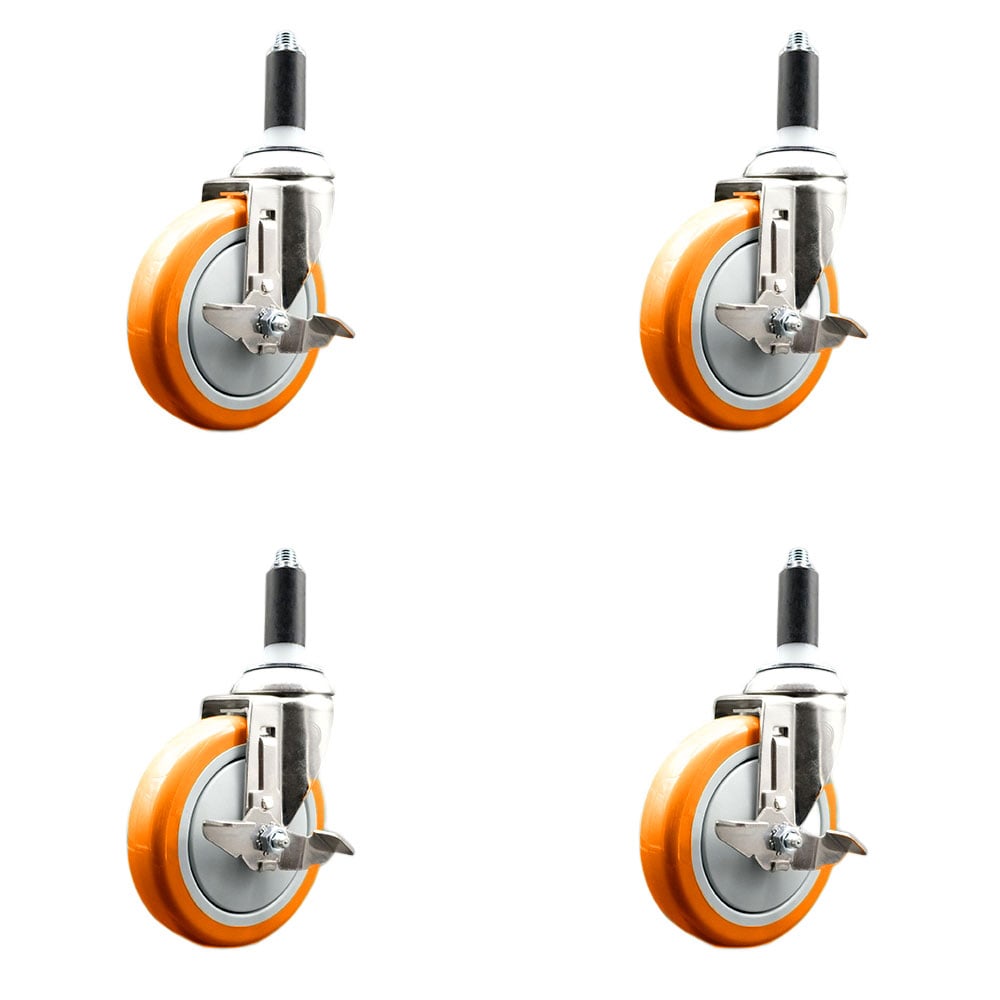 Polyurethane Swivel Stem Caster with 5 in. Orange Caster Wheels, 1 in. Expanding Stems - 316 Stainless Steel Casters - Set of 4
