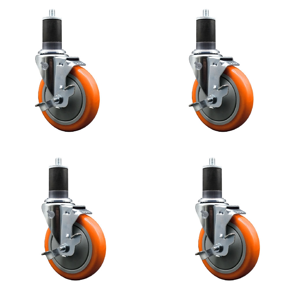 Polyurethane Swivel Stem Caster with 5 in. Orange Caster Wheels, 1.63 in. Expanding Stems - 316 Stainless Steel Casters - Set of 4