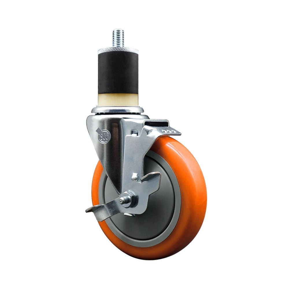 Polyurethane Swivel Stem Caster with 5 in. Orange Caster Wheels & Top Lock Brake, 1.87 in. Expanding Stem - 316 Stainless Steel Caster