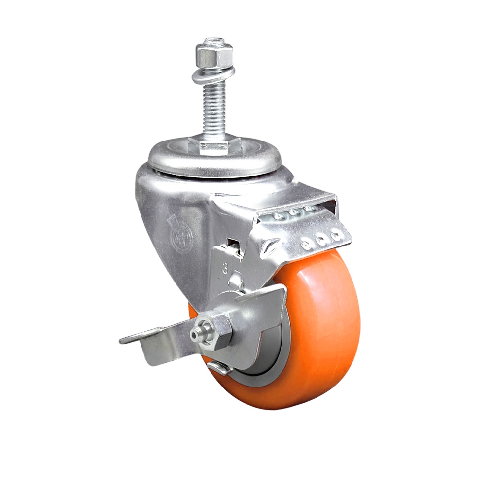 Polyurethane Swivel Stem Caster with 3 in. Orange Caster Wheels & Top Lock Brake, 10 mm Threaded Stem - 316 Stainless Steel Caster