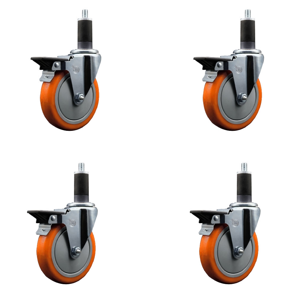 SCC-EX20S514-PPUB-ORG-PLB-114-4 Polyurethane Swivel Expanding Stem Caster with 5 in. Orange Wheels & 1.25 in. Stems - Set of 4